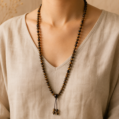 Mala 108 perles en œil de tigre 6 mm posé à plat