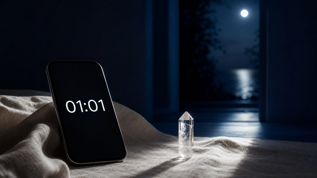 01h01 affiché sur un téléphone au clair de lune avec cristal de roche
