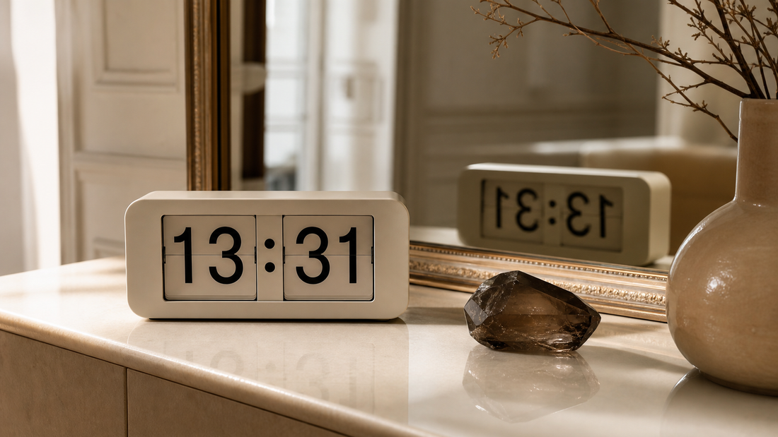 13h31 sur une horloge à volets avec quartz fumé et miroir