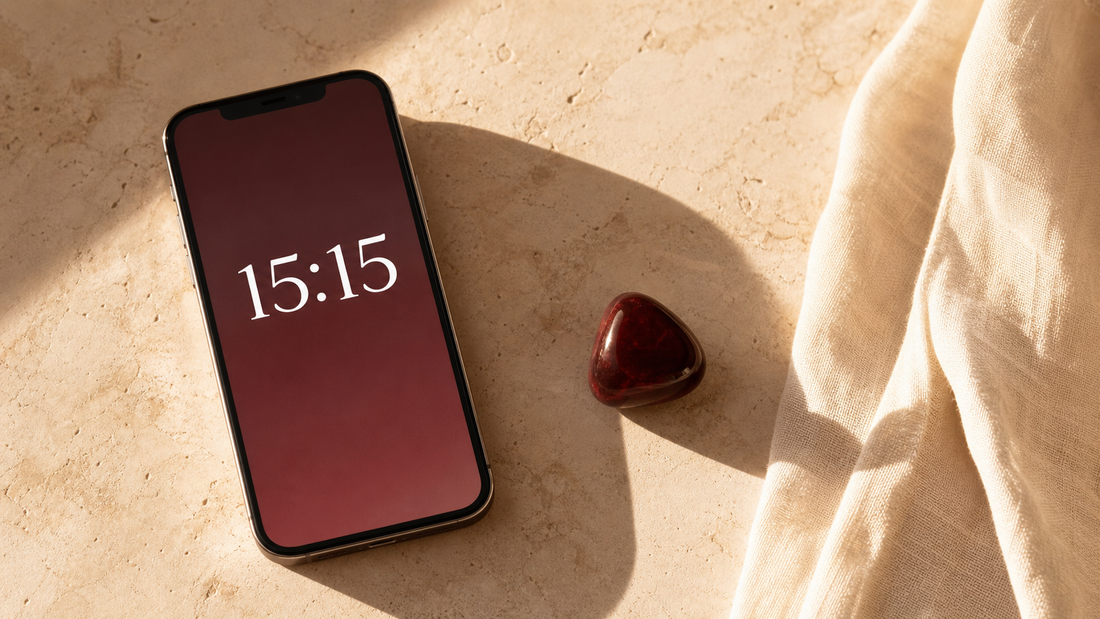 15h15 affiché sur un téléphone avec grenat — signification de l’heure miroir