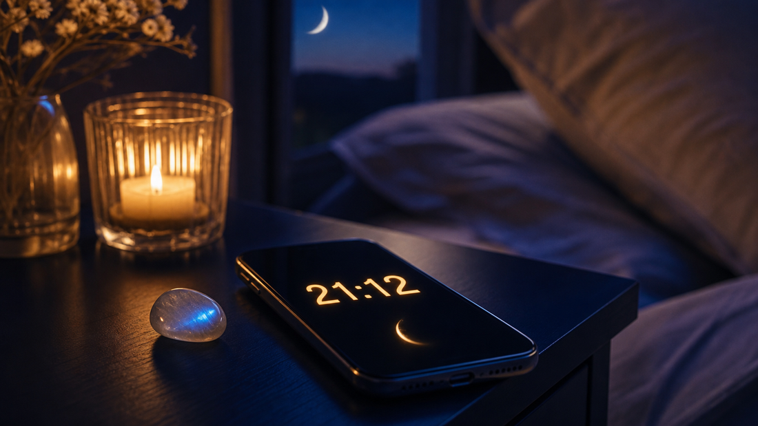 21h12 affiché sur un téléphone de nuit avec pierre de lune