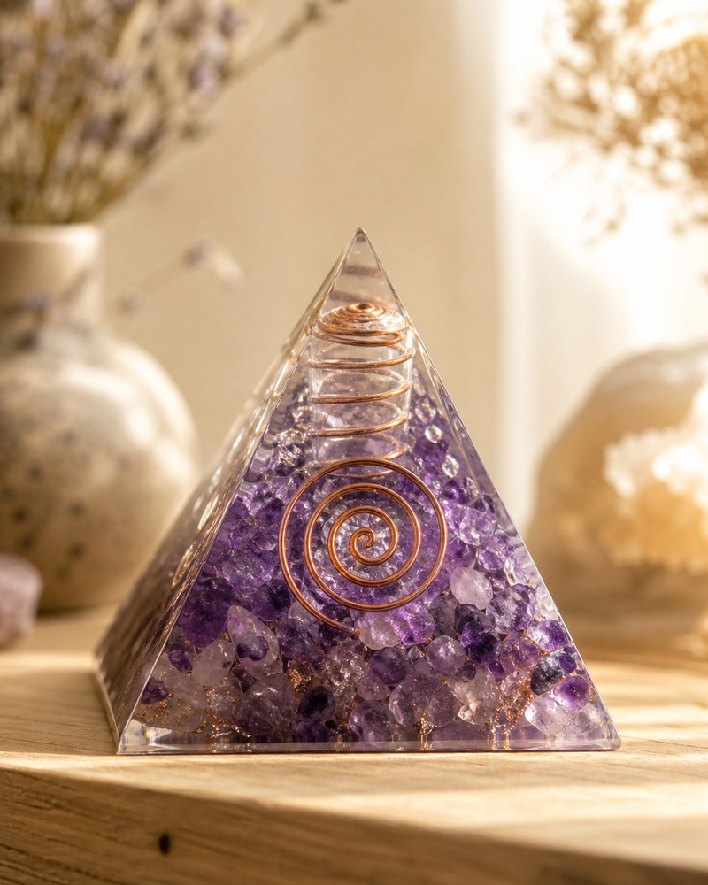 Pyramide d'orgonite à l'améthyste et spirale de cuivre | Source Sacrée