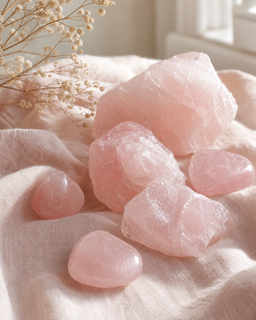 Quartz rose sur lin — pierres d'amour et du cœur | Source Sacrée