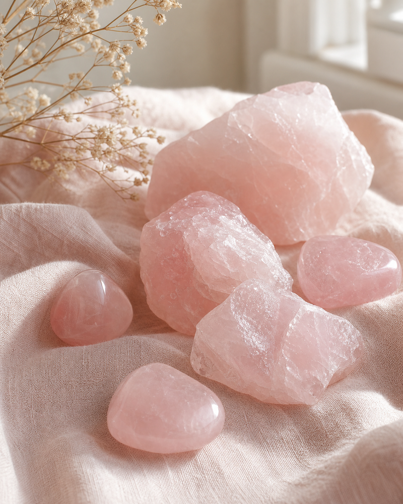 Quartz rose sur lin — pierres d'amour et du cœur | Source Sacrée