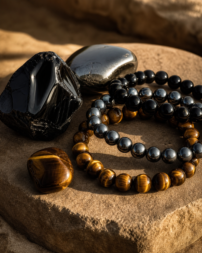 Obsidienne, hématite et œil de tigre — pierres de protection | Source Sacrée