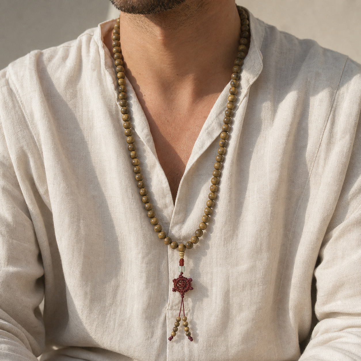 Mala Tibétain 108 Perles Bois de Verawood 10 mm — bijou porté en situation
