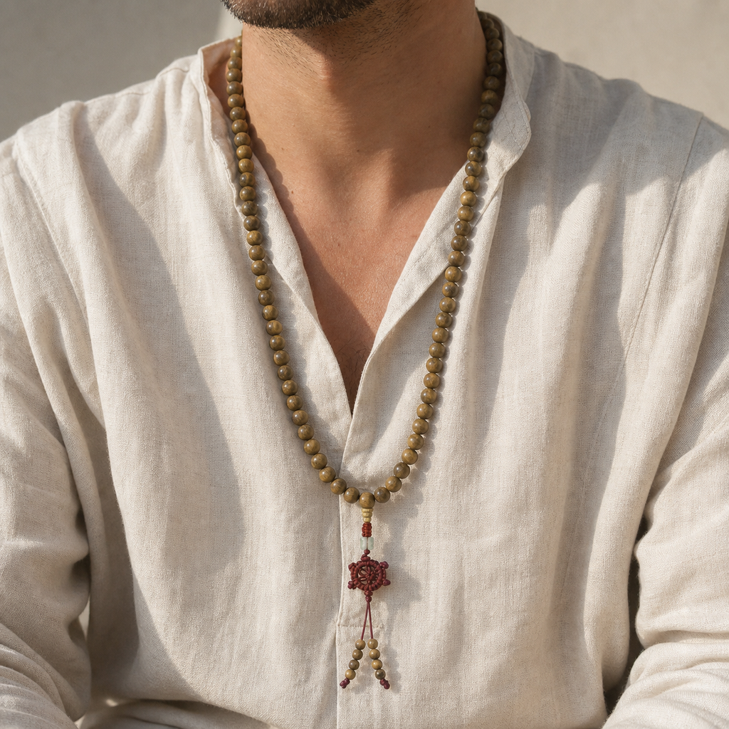 Mala Tibétain 108 Perles Bois de Verawood 10 mm — bijou porté en situation