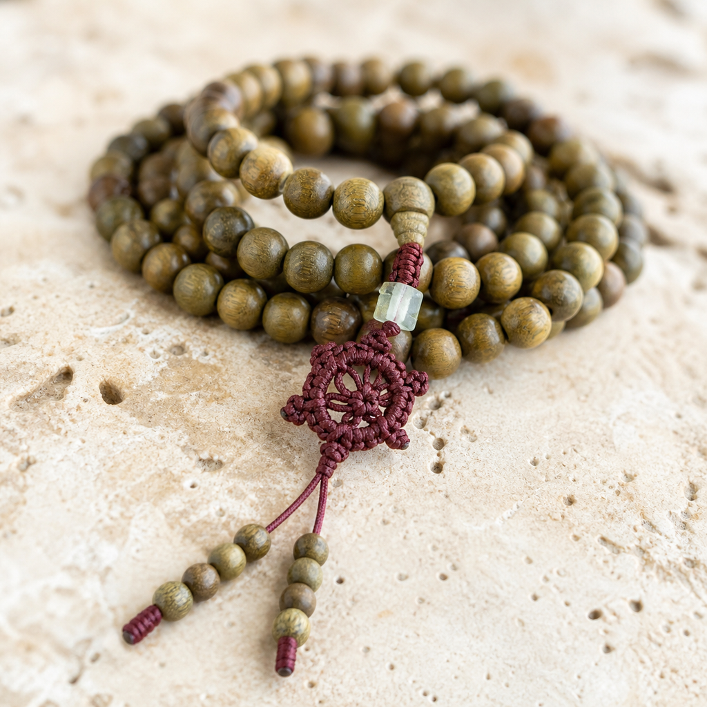 Mala Tibétain 108 Perles Bois de Verawood 10 mm — gros plan sur les matières et finitions