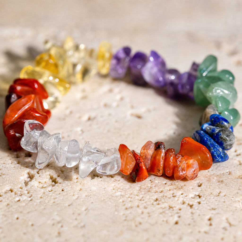 Bracelet 7 Chakras en Éclats de Pierres Naturelles — gros plan sur les matières et finitions