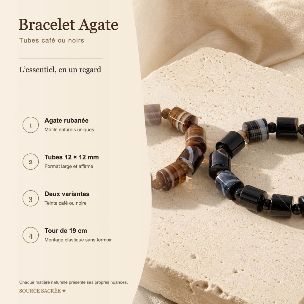 Bracelet Agate Dentelle 12 mm — Tubes Café ou Noirs — photo produit