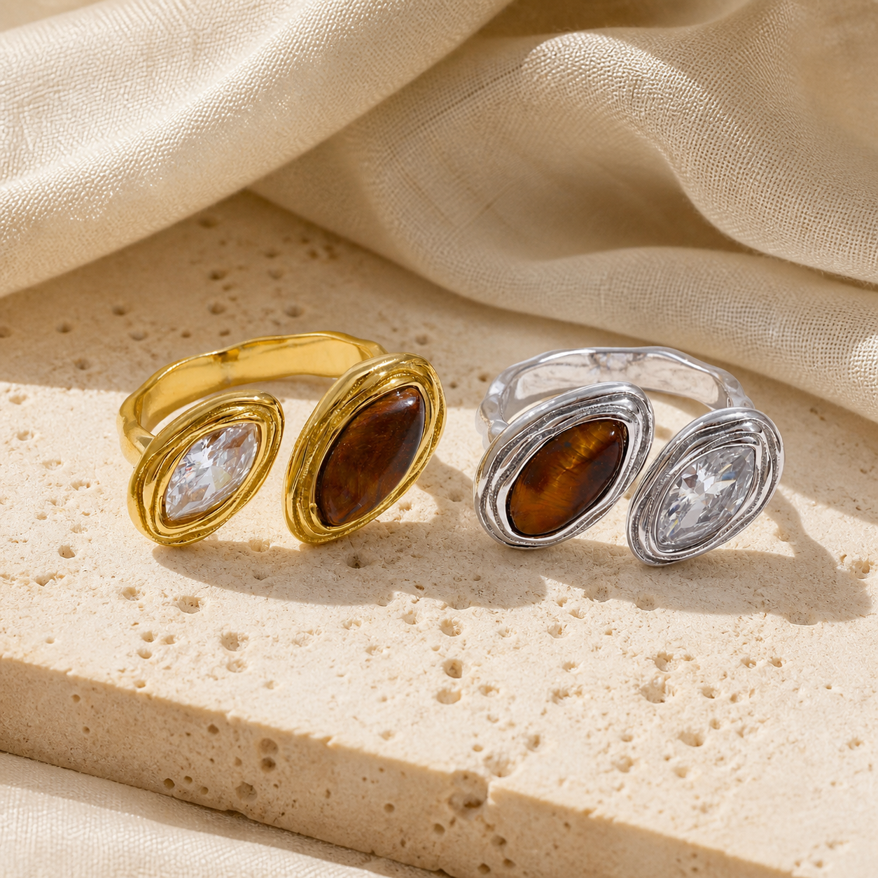 Bague Œil de Tigre Toi et Moi — photographie produit premium