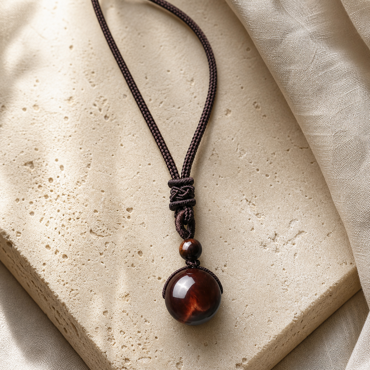 Collier Homme Œil de Taureau — Pierre 16 mm sur Cordon Tressé — photographie produit premium