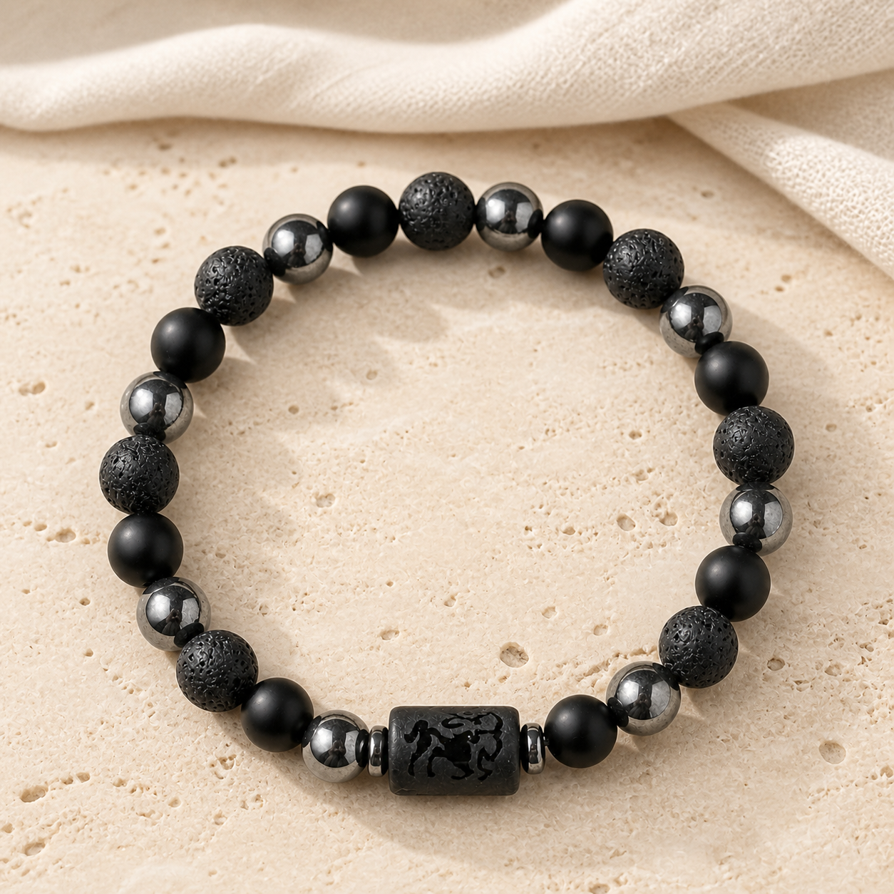 Bracelet Signe Astrologique Sagittaire — Lave, Hématite et Onyx — vue produit premium