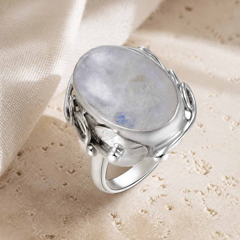 Bague Homme Pierre de Lune, Ovale Rétro Unisexe Argentée — vue produit premium