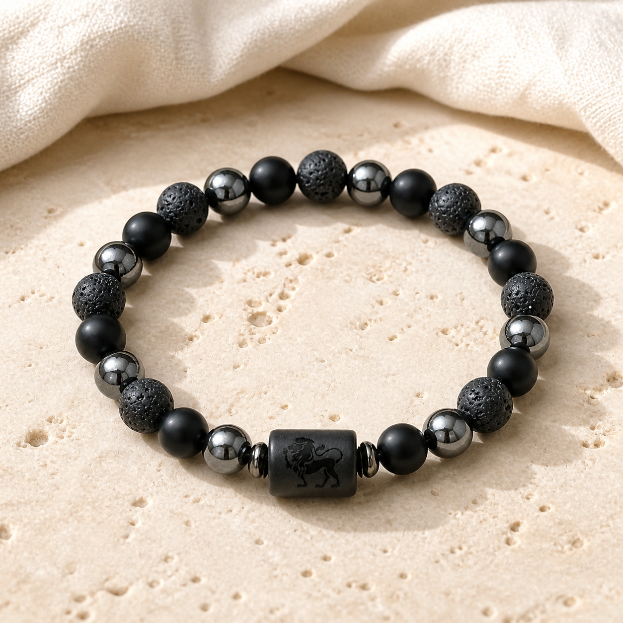 Bracelet Signe Astrologique Lion — Lave, Hématite et Onyx — vue produit premium