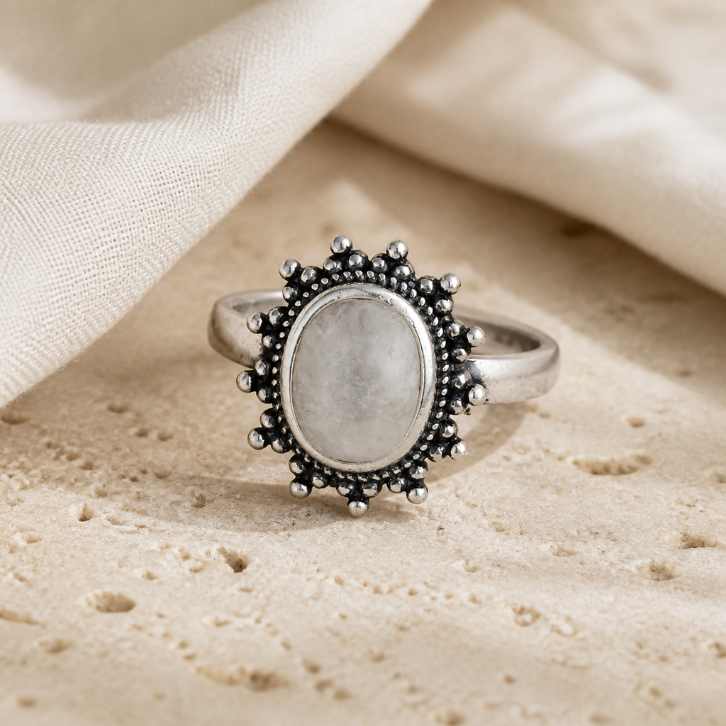 Bague Pierre de Lune Vintage, Grande Pierre Ovale Argentée — vue produit premium