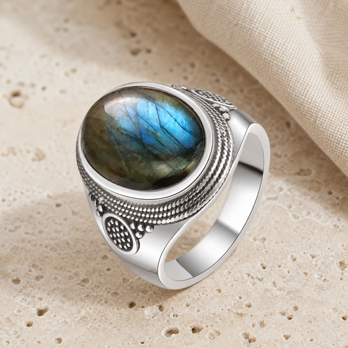 Grosse Bague Labradorite Ovale 10x14 mm, Rétro Argentée — vue produit premium