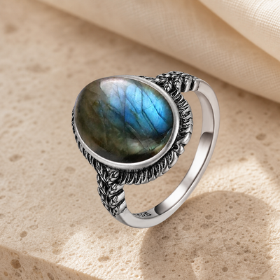 Bague Labradorite Femme Ovale, Argent 925 et Reflets Bleus
