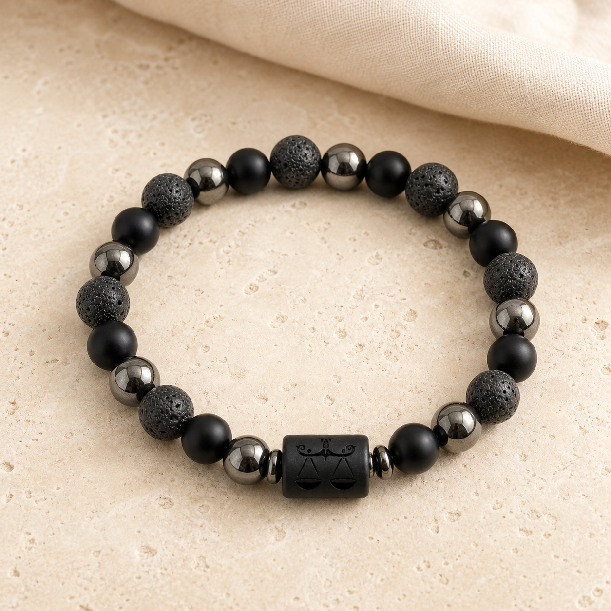 Bracelet Signe Astrologique Balance — Lave, Hématite et Onyx — vue produit premium