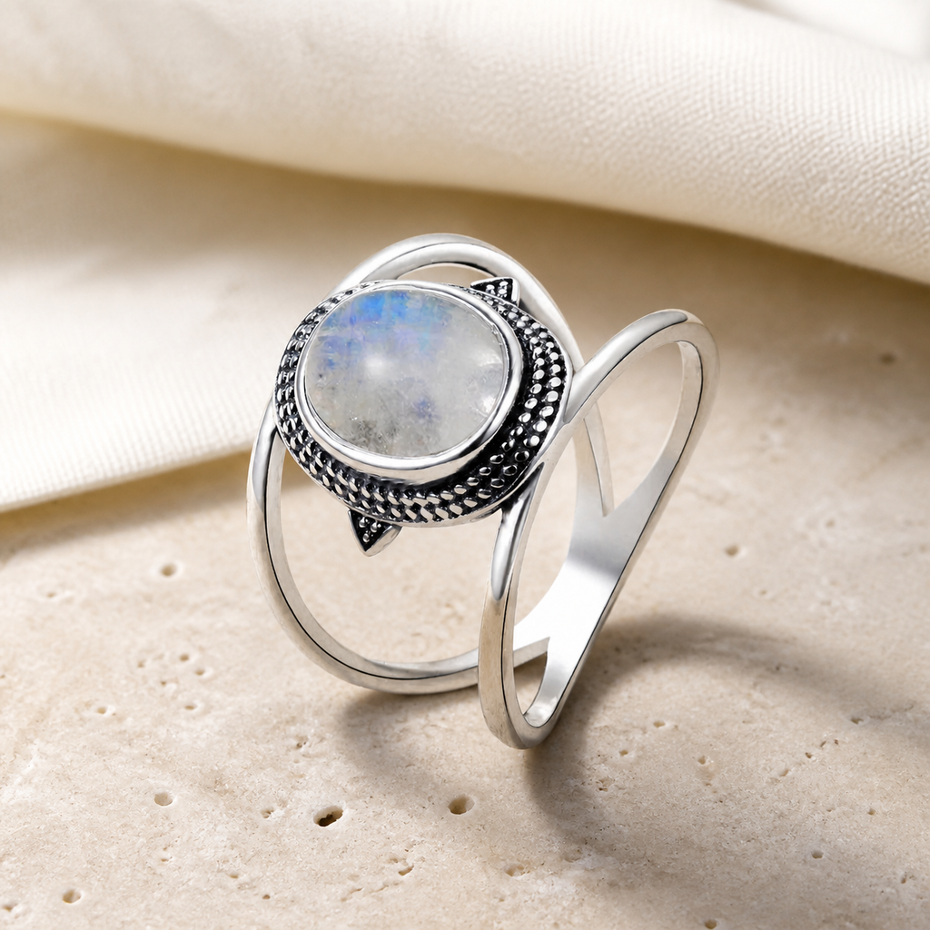 Bague Pierre de Lune Arc-en-Ciel, Ovale Reflets Bleutés — vue produit premium