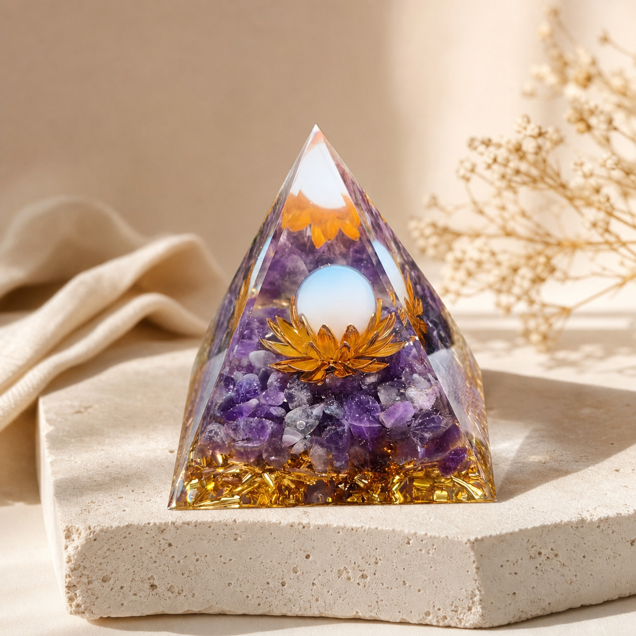 Pyramide Orgonite Fleur de Lotus - Amethyste — photographie produit premium