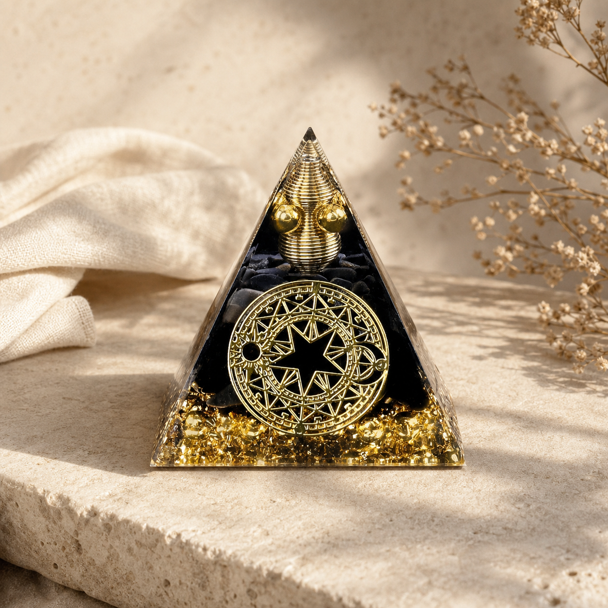 Pyramide Orgonite Arbre de Vie - Agate Noire — photographie produit premium