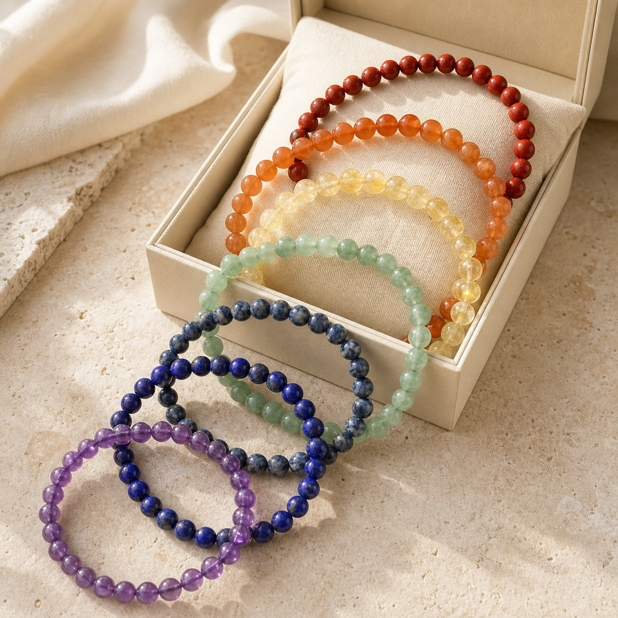 Kit 7 Chakras - 7 Bracelets Pierres Naturelles — photographie produit premium