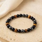 Bracelet Homme Triple Protection — Obsidienne, Hématite, Œil de Tigre — photographie produit premium