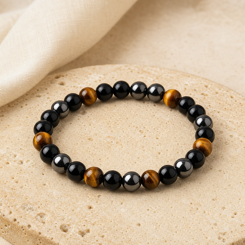 Bracelet Homme Triple Protection — Obsidienne, Hématite, Œil de Tigre — photographie produit premium