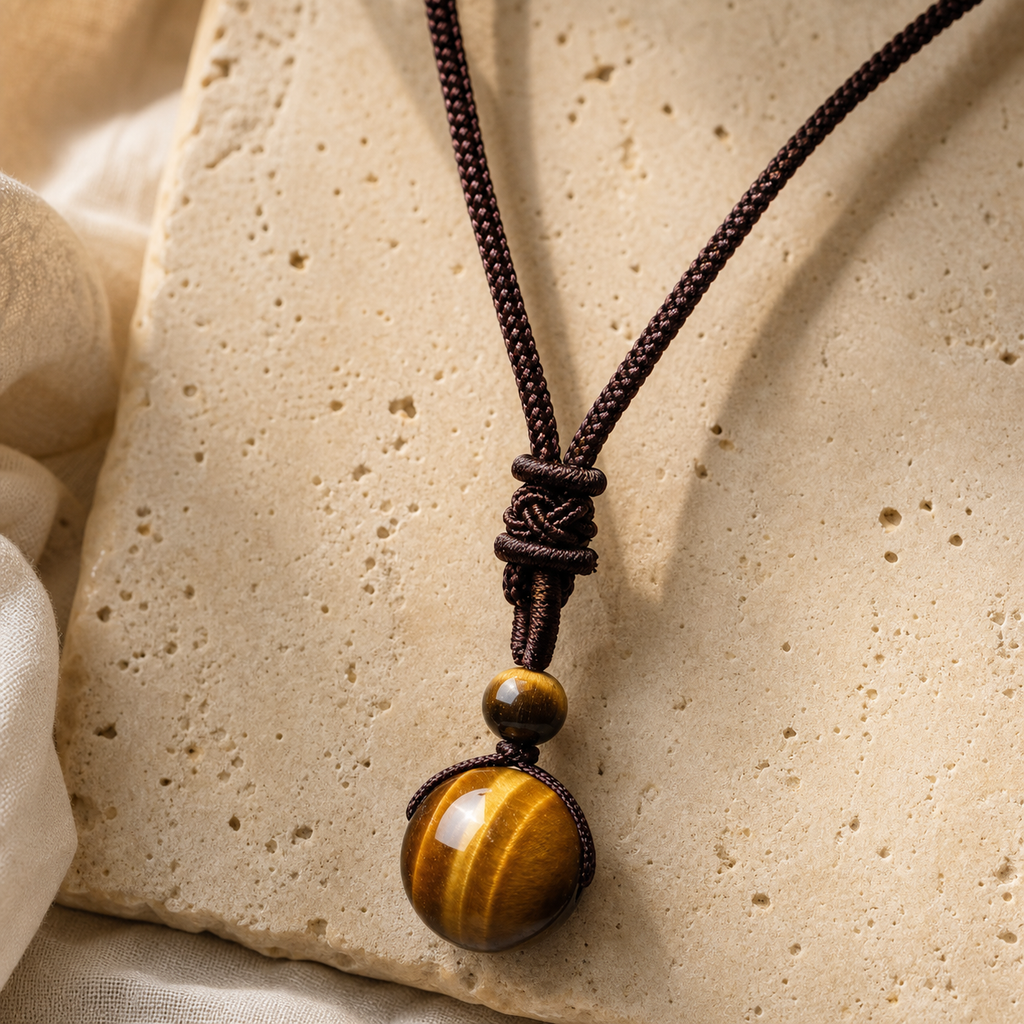 Collier Homme Œil de Tigre — Pierre 16 mm sur Cordon Tressé — photographie produit premium