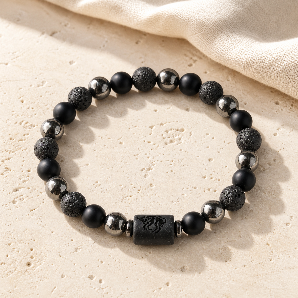 Bracelet Signe Astrologique Scorpion — Lave, Hématite et Onyx — vue produit premium
