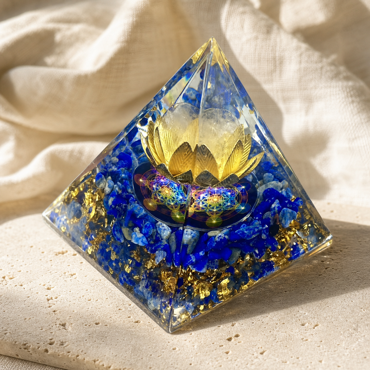 Pyramide Orgonite Fleur de Lotus - Lapis-Lazuli — photographie produit premium