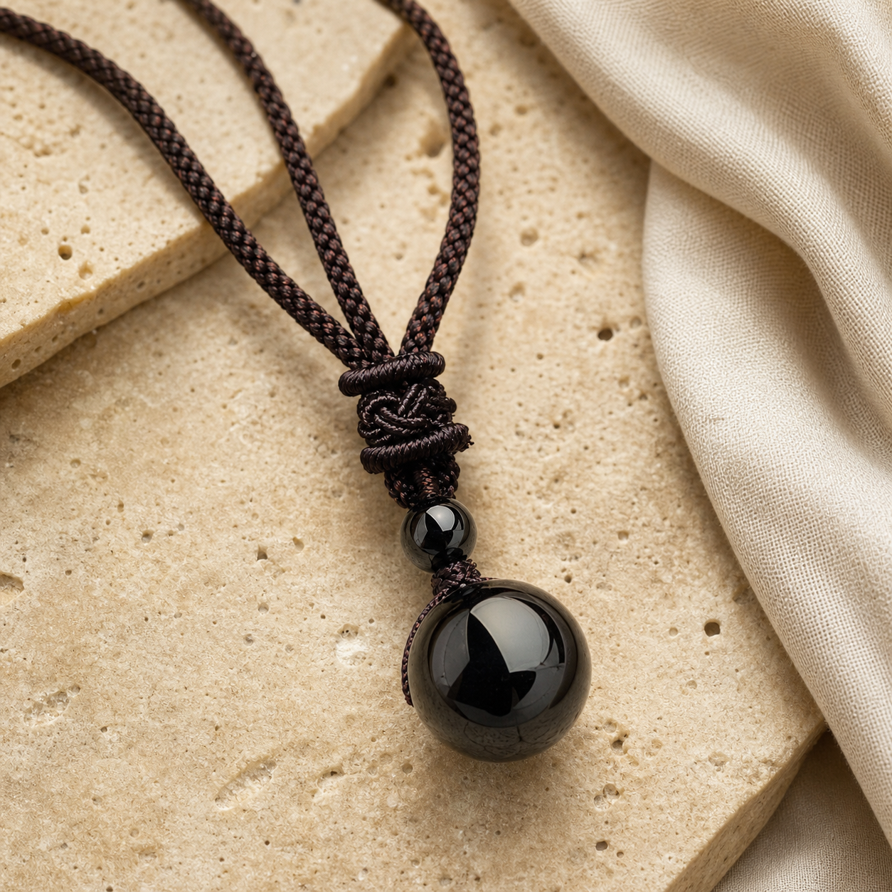 Collier Homme Obsidienne Noire — Pierre 16 mm sur Cordon Tressé — photographie produit premium