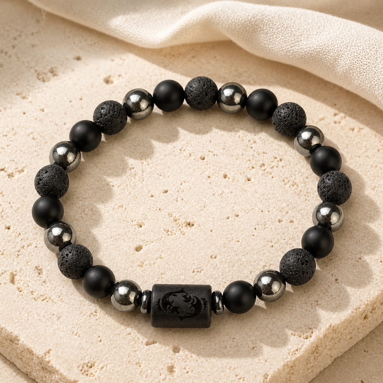Bracelet Signe Astrologique Poissons — Lave, Hématite et Onyx — vue produit premium