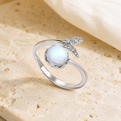 Bague Ajustable Pierre de Lune, Anneau Ouvert Argenté