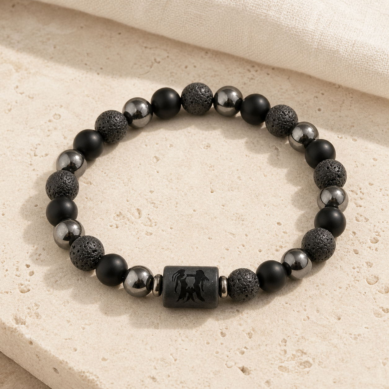 Bracelet Signe Astrologique Gémeaux — Lave, Hématite et Onyx — vue produit premium
