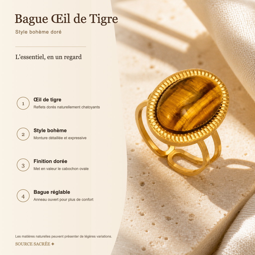 Bague Œil de Tigre Bohème Dorée — fiche descriptive