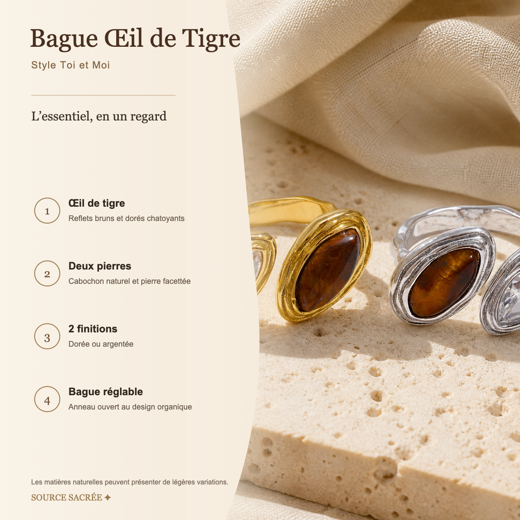 Bague œil de tigre Toi et Moi caractéristiques et finitions
