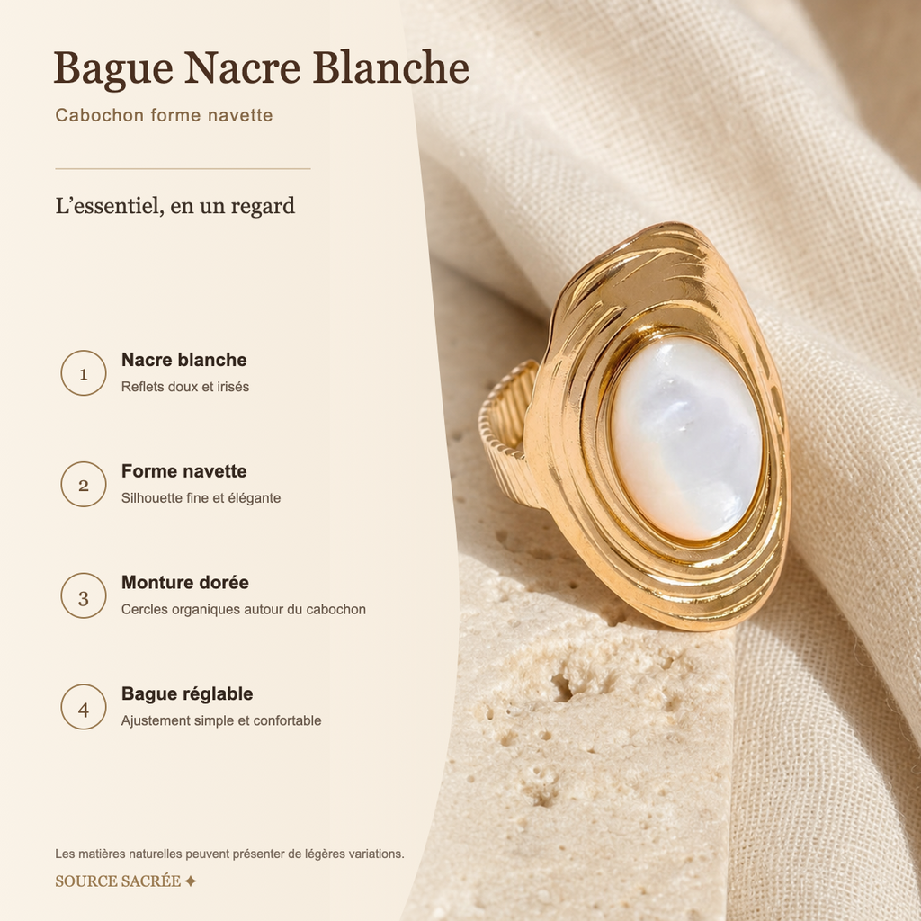 Bague Nacre Blanche Navette — fiche descriptive