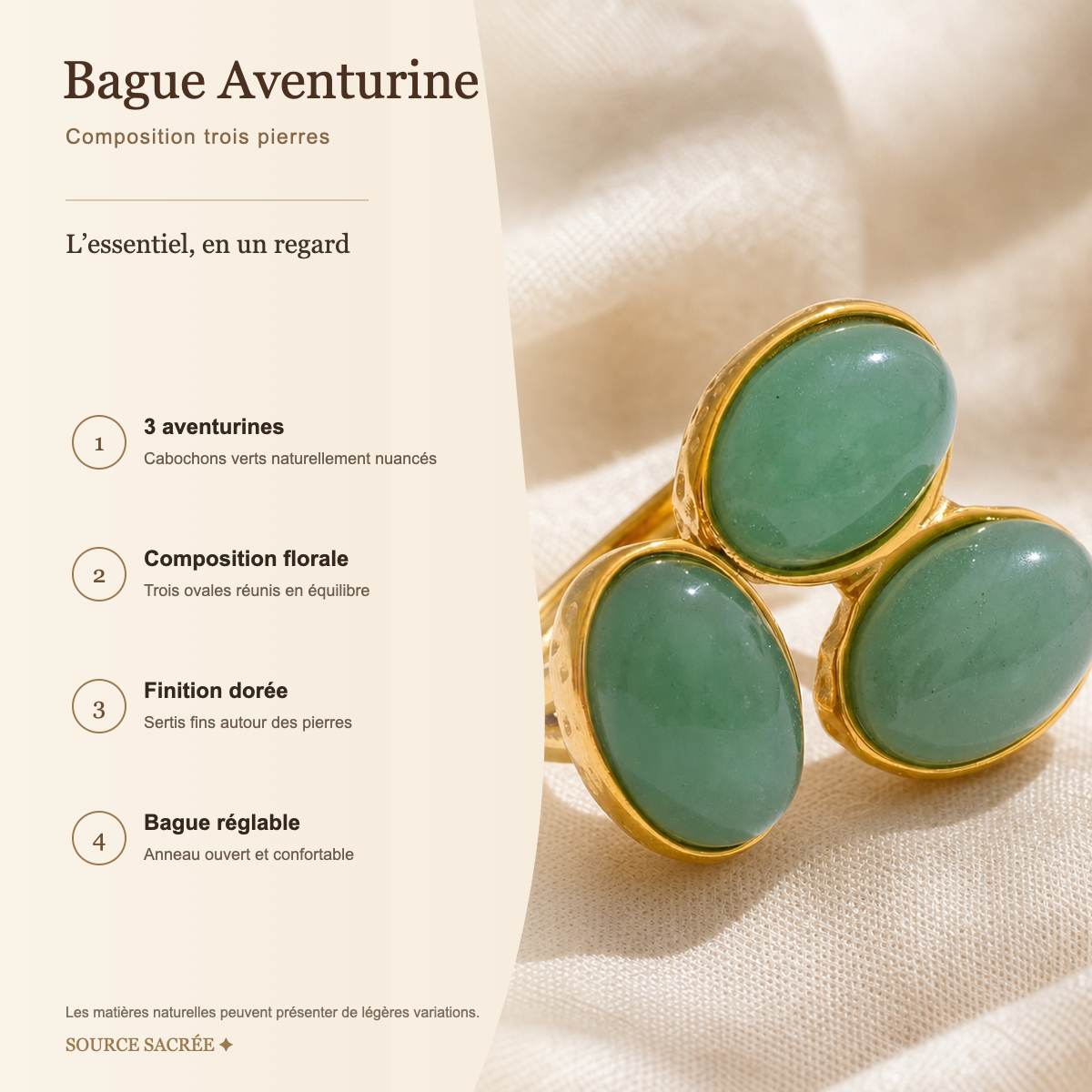 Bague Aventurine Trois Pierres — fiche descriptive