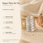 Bague Fleur de Vie ajourée en acier inoxydable réglable — fiche descriptive