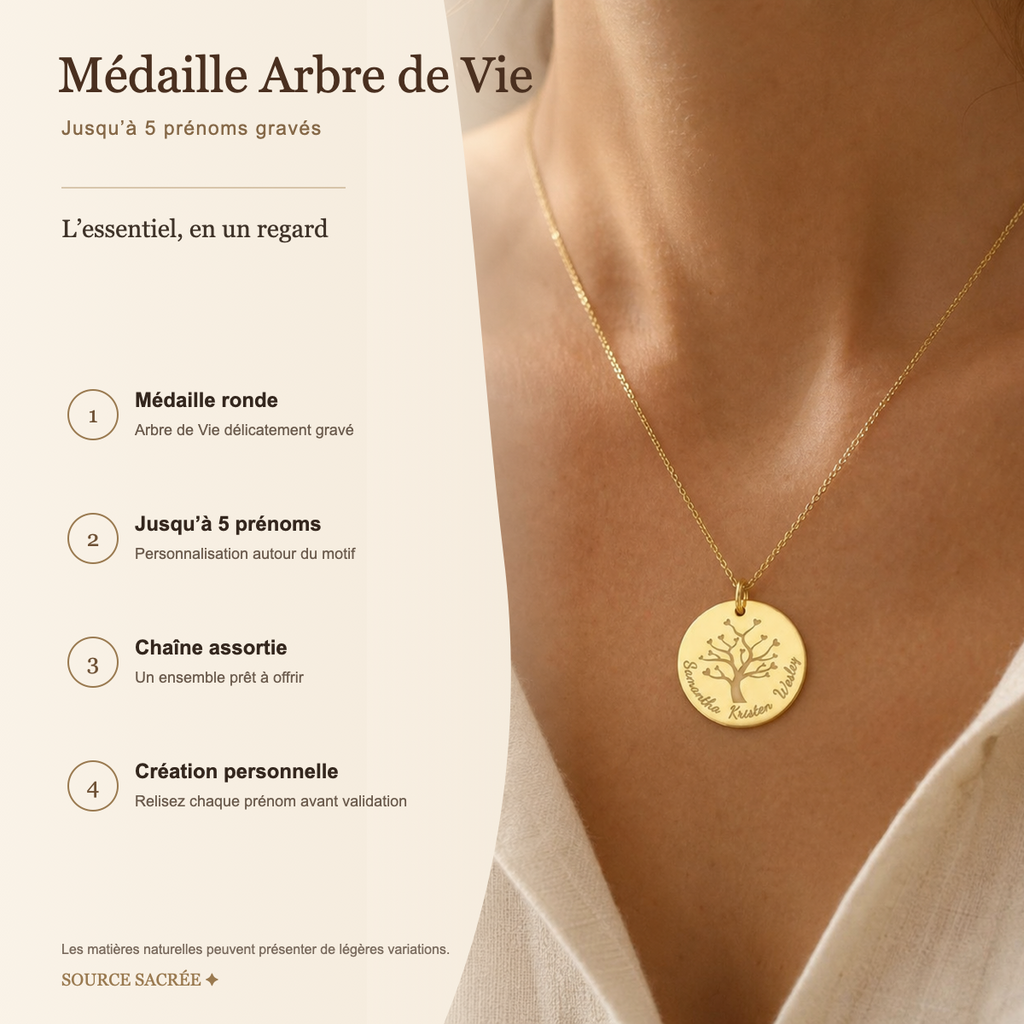 Collier Arbre de Vie Personnalisé — Médaille Gravée 5 Prénoms — fiche descriptive