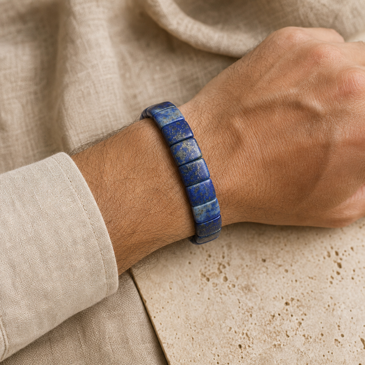 Bracelet Homme Lapis-Lazuli — Perles Plates 10 mm — vue en situation