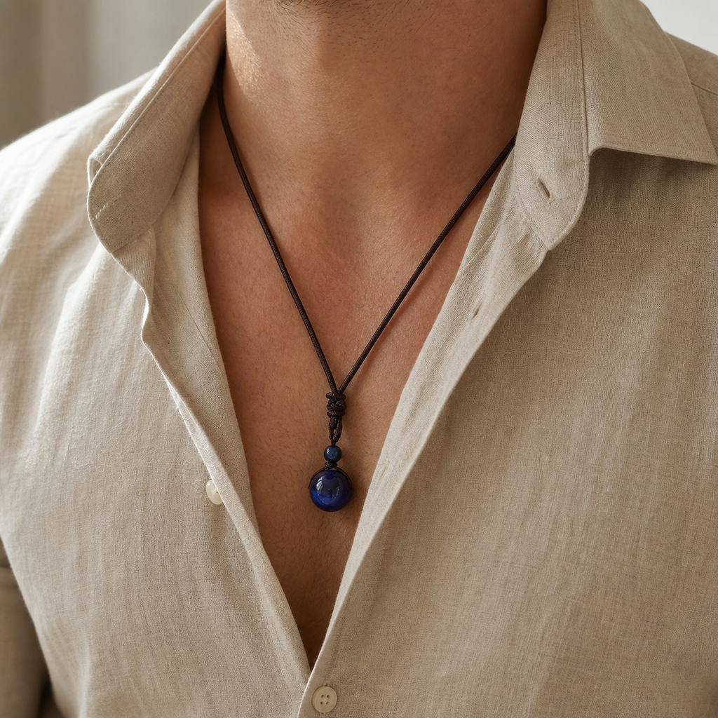 Collier Homme Œil de Faucon — Pierre 16 mm sur Cordon Tressé — vue en situation