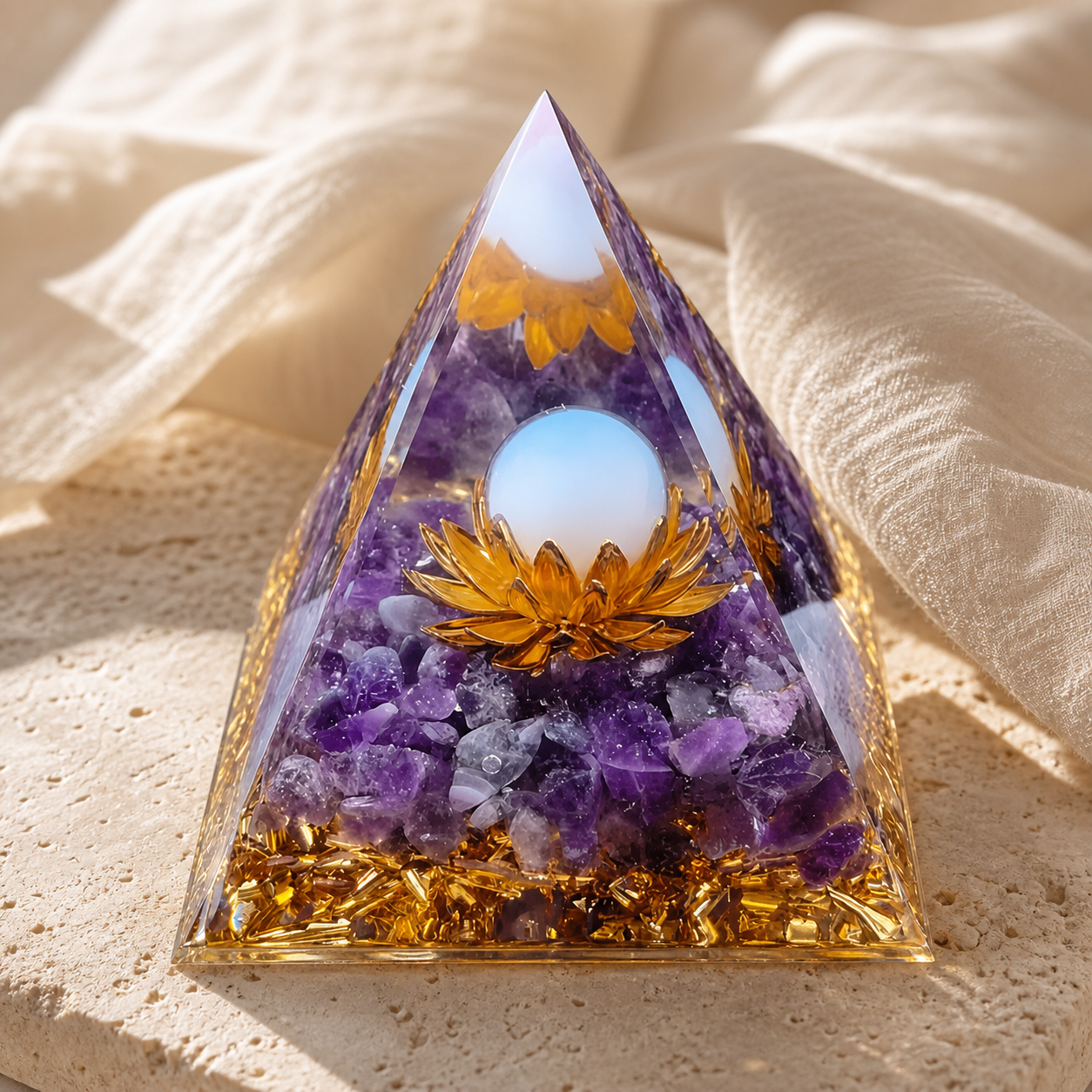 Pyramide Orgonite Fleur de Lotus - Amethyste — vue en situation