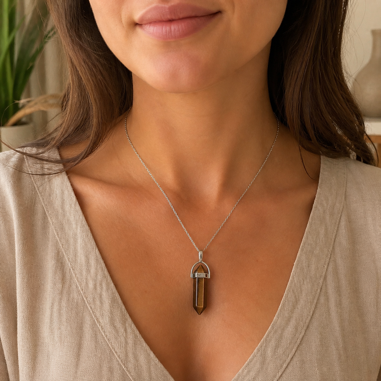 Pendentif Pointe - Oeil de Tigre — bijou porté