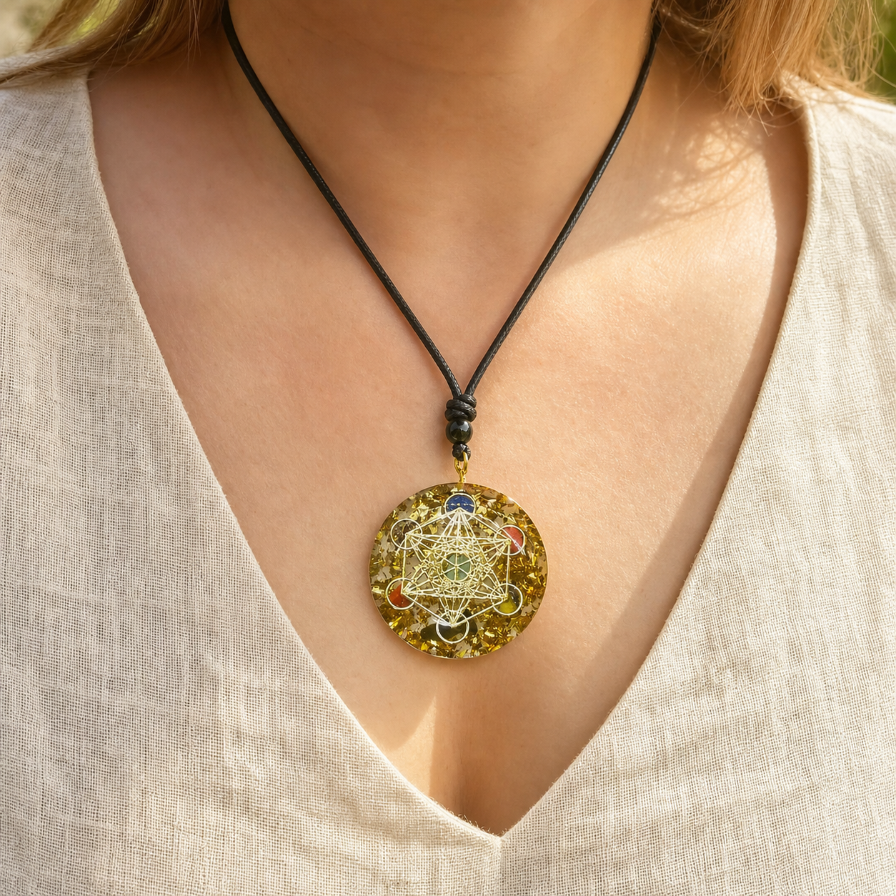 Pendentif Orgonite Arbre de Vie - Chakra Dore — vue en situation