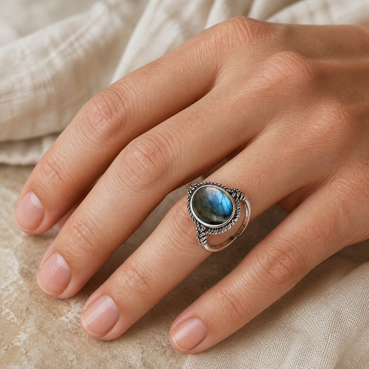 Bague Labradorite Femme Ovale, Argent 925 et Reflets Bleus — bague portée
