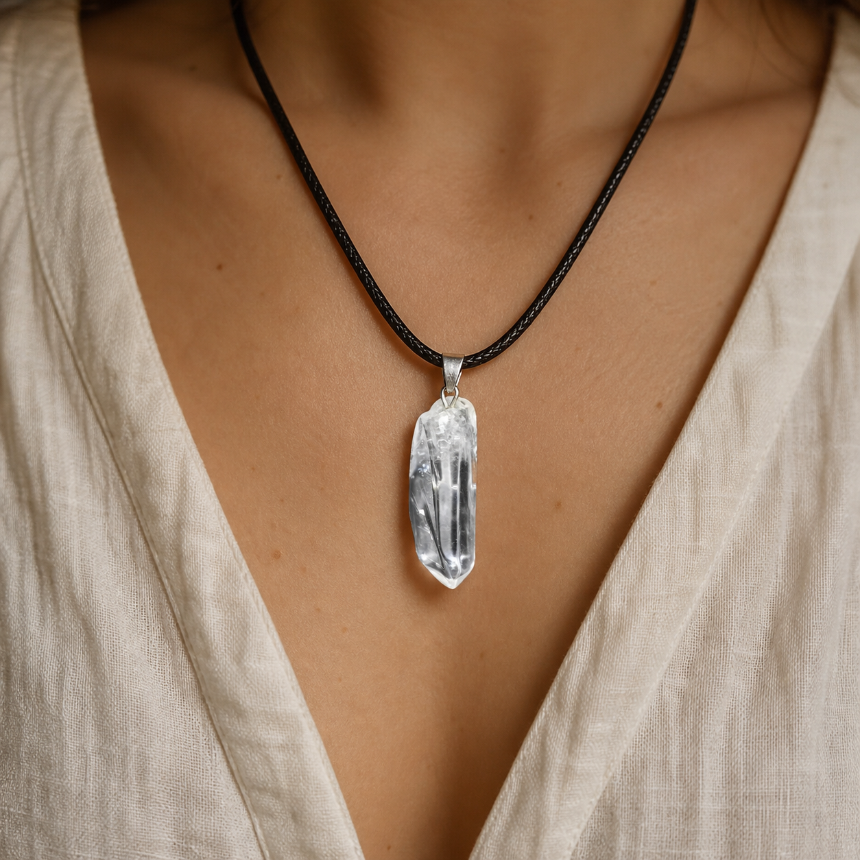 Pendentif Pierre Brute - Cristal de Roche — vue en situation