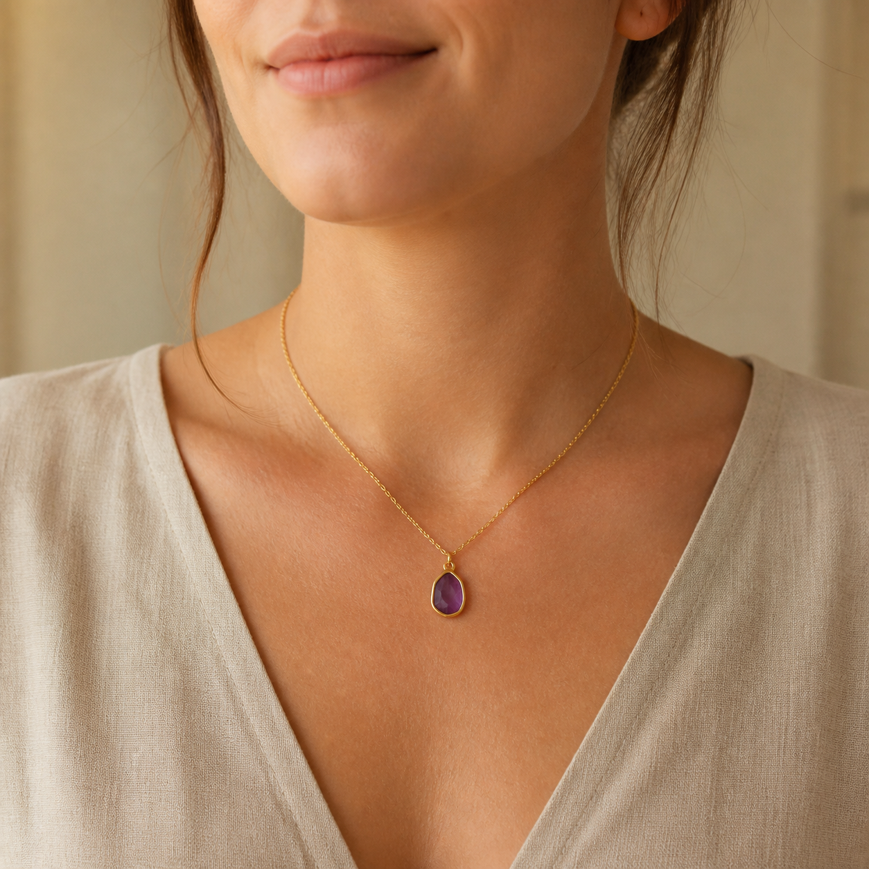 Collier Pendentif Pierre Naturelle Sertie sur Chaîne Fine — bijou porté